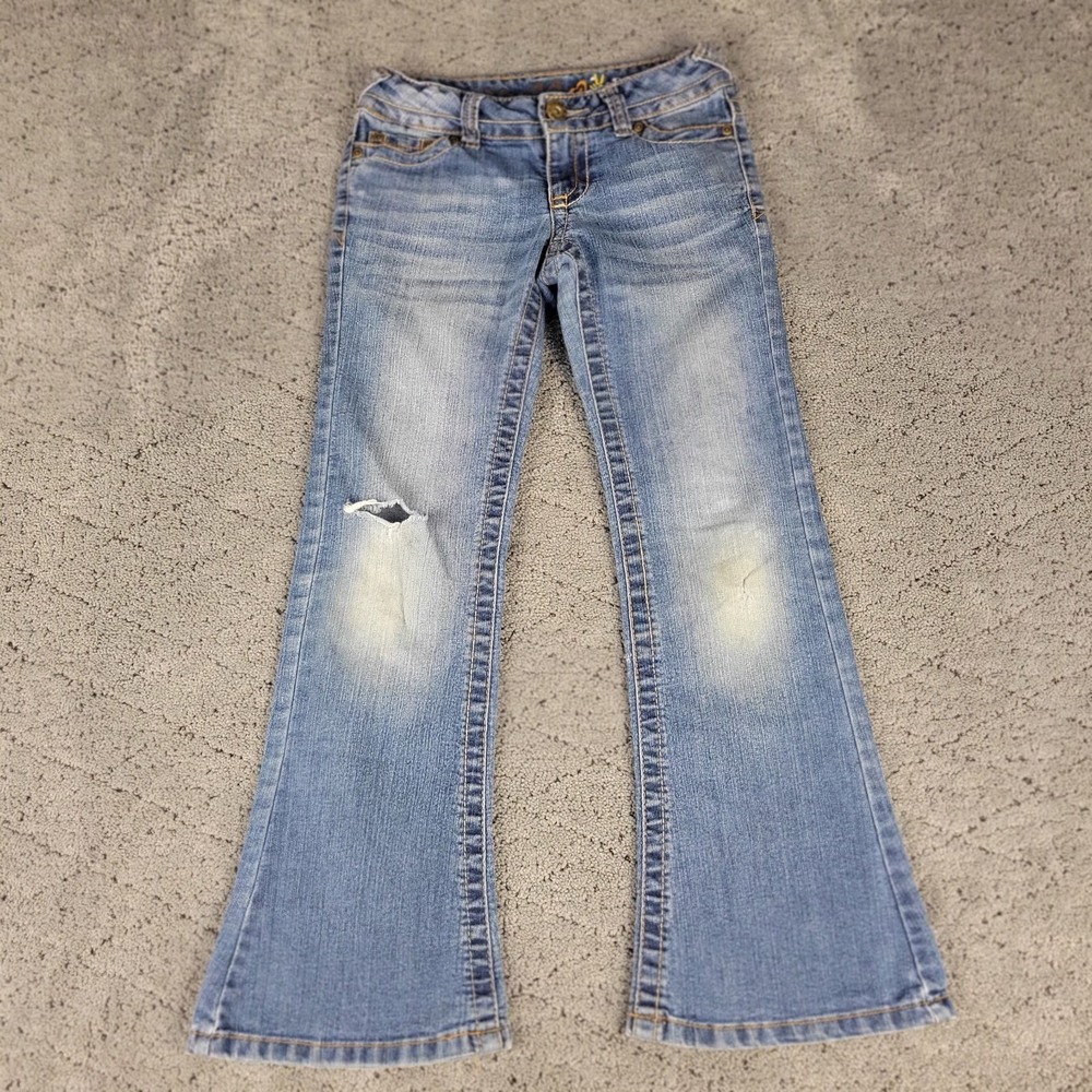 Mudd Jeans Girls‎ 8 Blue Flare Leg Flap Pocket Distressed Faded Medium Wash